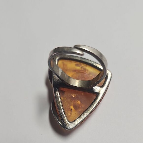 Triangular Amber Sterling Silver Ring Size 8.25 Adjustable RARE Design - Picture 5 of 5